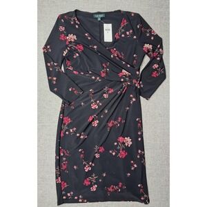 Lauren Ralph Lauren Dress Womens 8 Black Floral Wrap Sheath Ruched 3/4 Sleeve